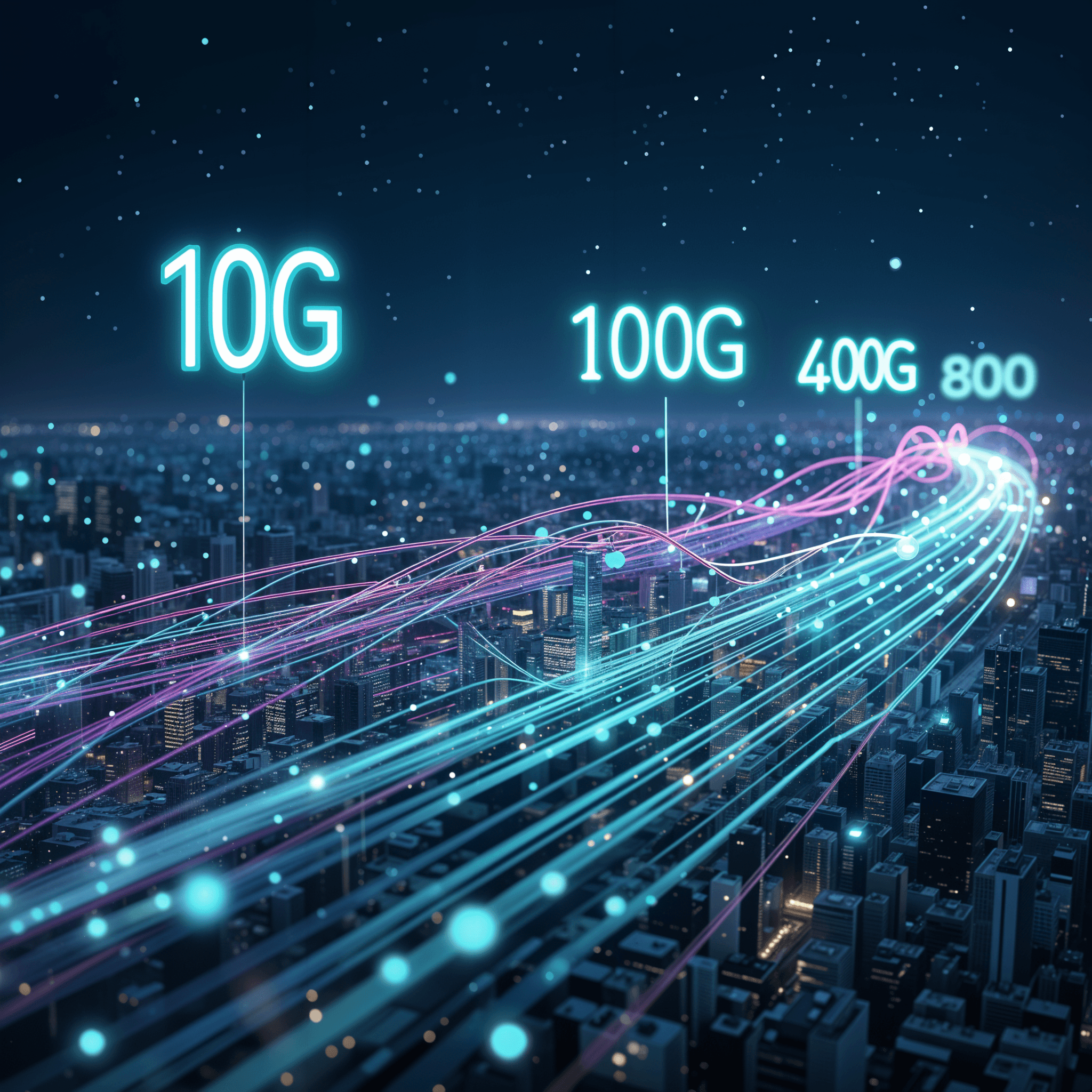 Digitale Illustration einer Stadt bei Nacht mit leuchtenden Glasfaserkabeln, die verschiedene Geschwindigkeiten wie 10G, 100G, 400G und 800G anzeigen.