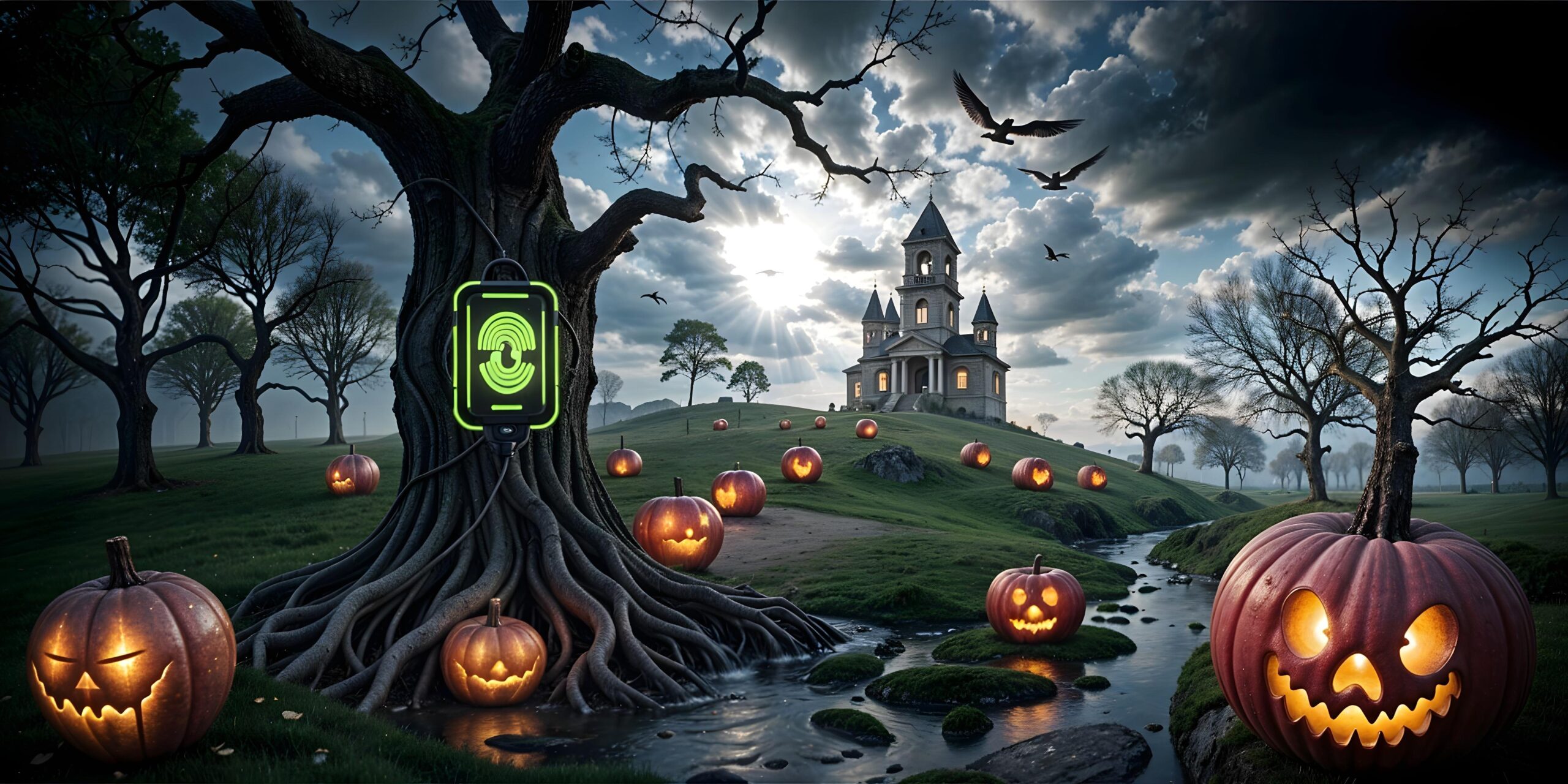 Eine gruselige Halloween-Landschaft mit Kürbislaternen, einem alten Schloss auf einem Hügel und einem großen Baum, an dem ein biometrischer Zugangssensor mit einem grünen Gesicht leuchtet.