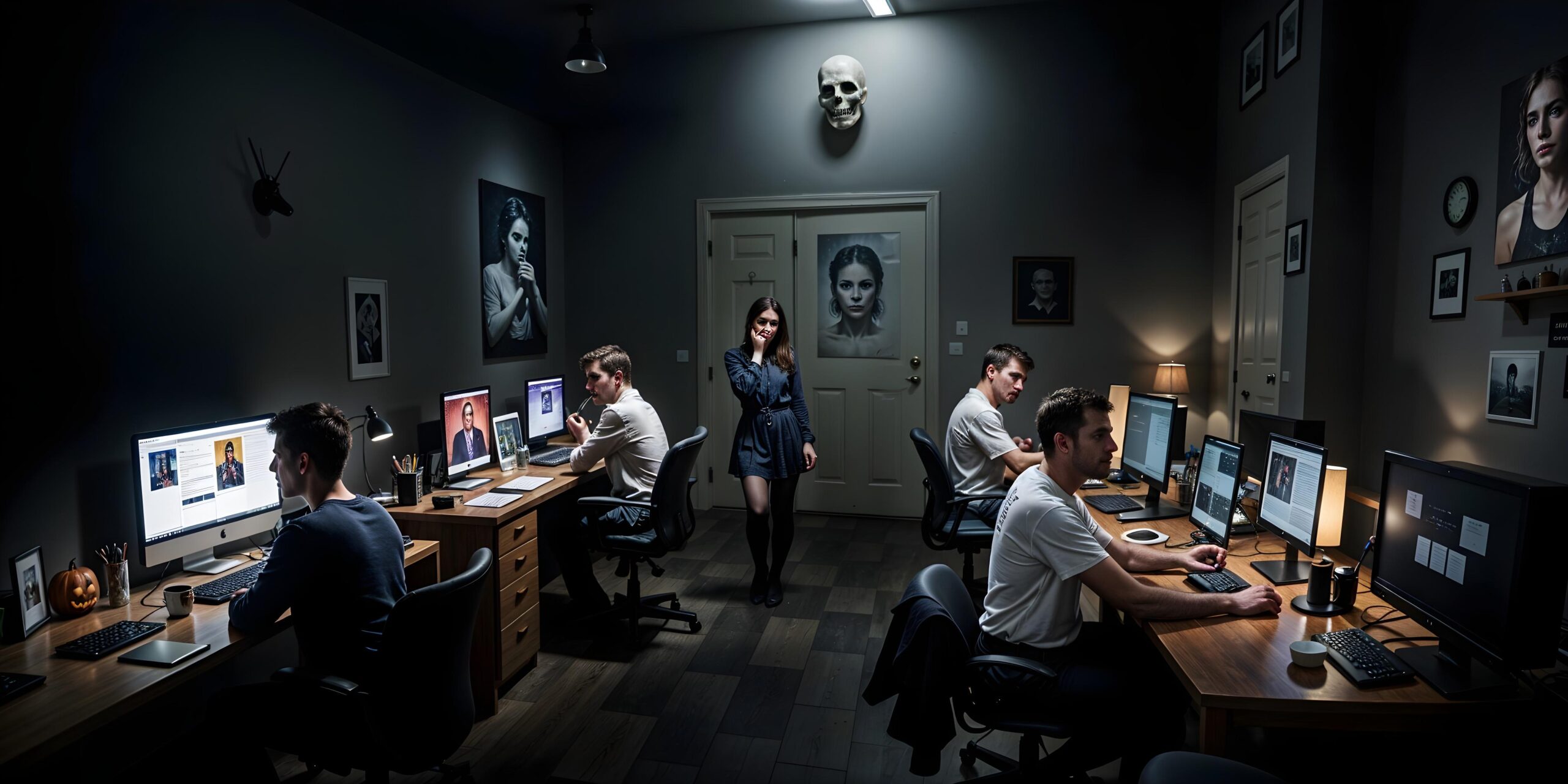 Dunkler Raum mit mehreren Personen an Computern, eine Frau steht in der Mitte, an den Wänden hängen düstere Porträts und ein Totenkopf.