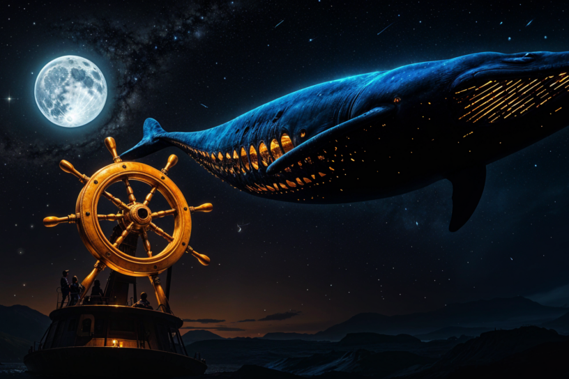 Großer, leuchtender Wal schwebt nachts neben einem Schiffssteuerrad unter dem Vollmond, inspiriert von Microservices- und Docker-Symbolik.