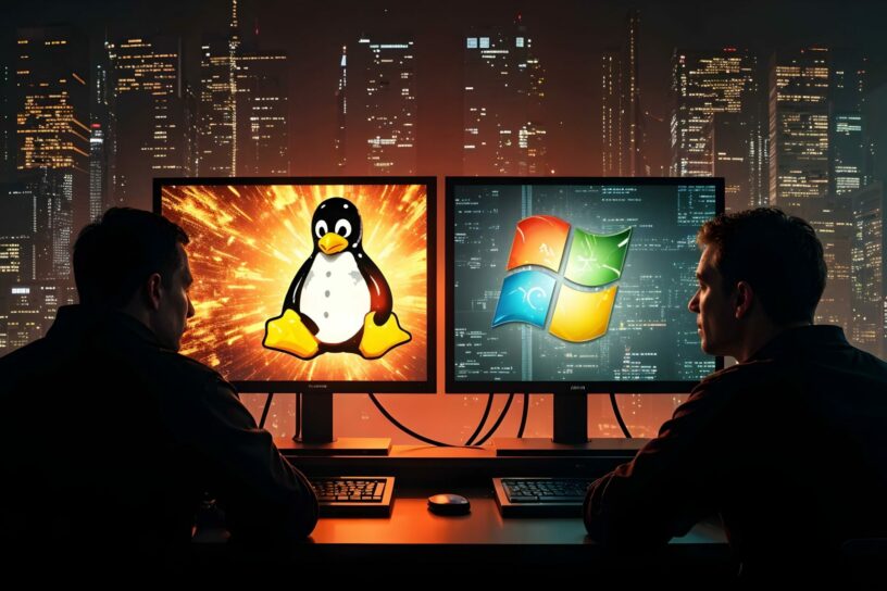 Zwei Personen sitzen nachts vor Monitoren mit den Logos von Linux (Tux-Pinguin) und Windows. Im Hintergrund leuchtet eine Stadt, die Bildschirme sind von dramatischem Licht umgeben.