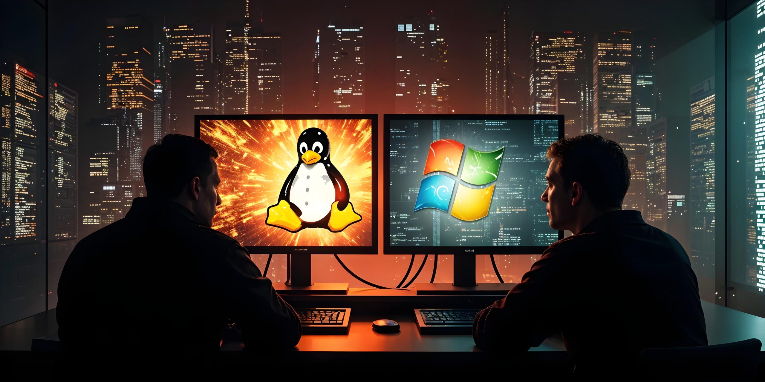 Zwei Personen sitzen nachts vor Monitoren mit den Logos von Linux (Tux-Pinguin) und Windows. Im Hintergrund leuchtet eine Stadt, die Bildschirme sind von dramatischem Licht umgeben.