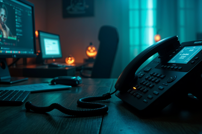 Dunkles Büro mit Telefon im Vordergrund, Computer im Hintergrund und leuchtenden Halloween-Kürbissen, geheimnisvolle Lichtstimmung.