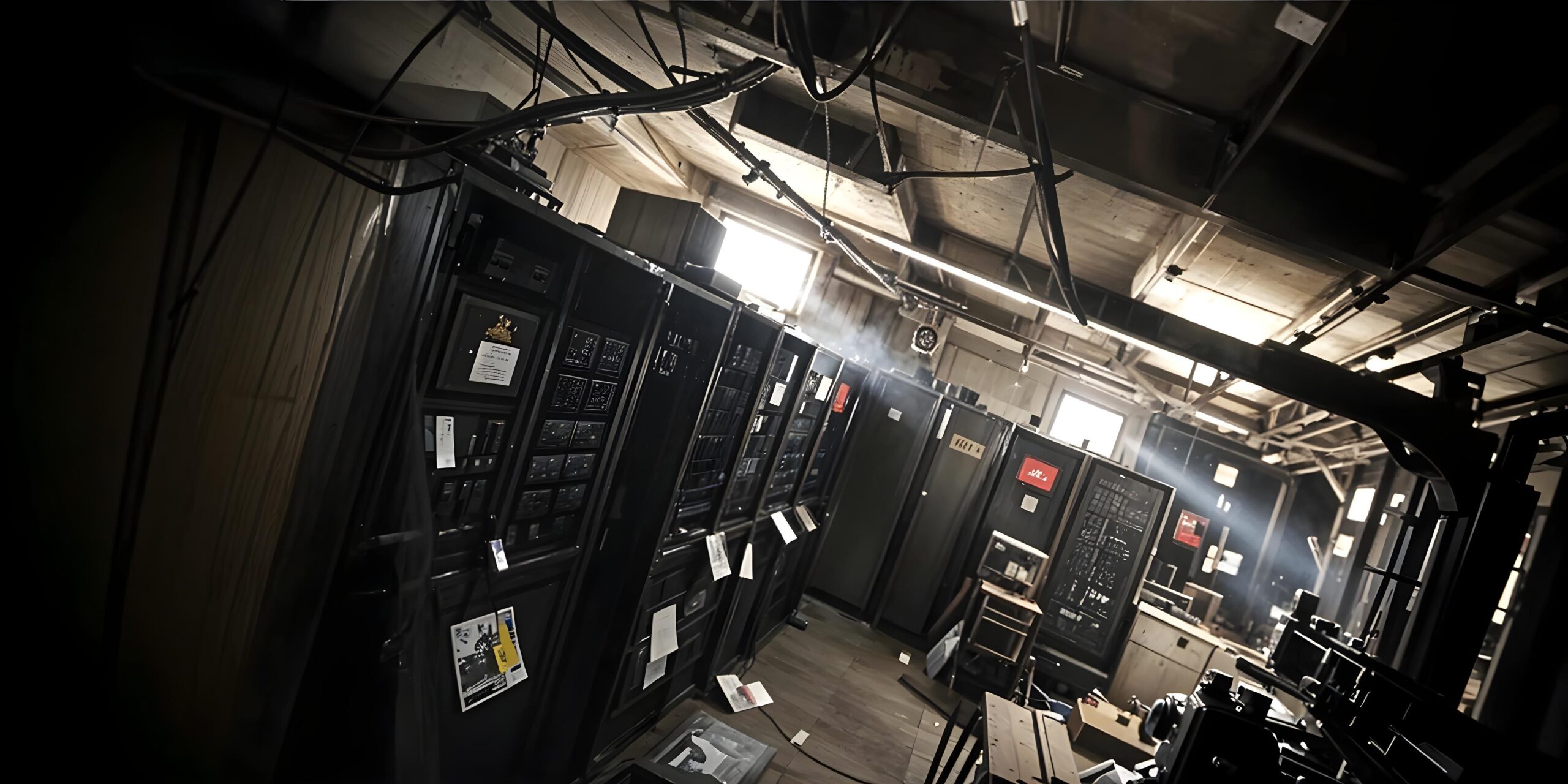 Ein altes, staubiges Rechenzentrum mit dunklen Serverracks, herabhängenden Kabeln und schwachem Licht, das durch ein Fenster fällt.