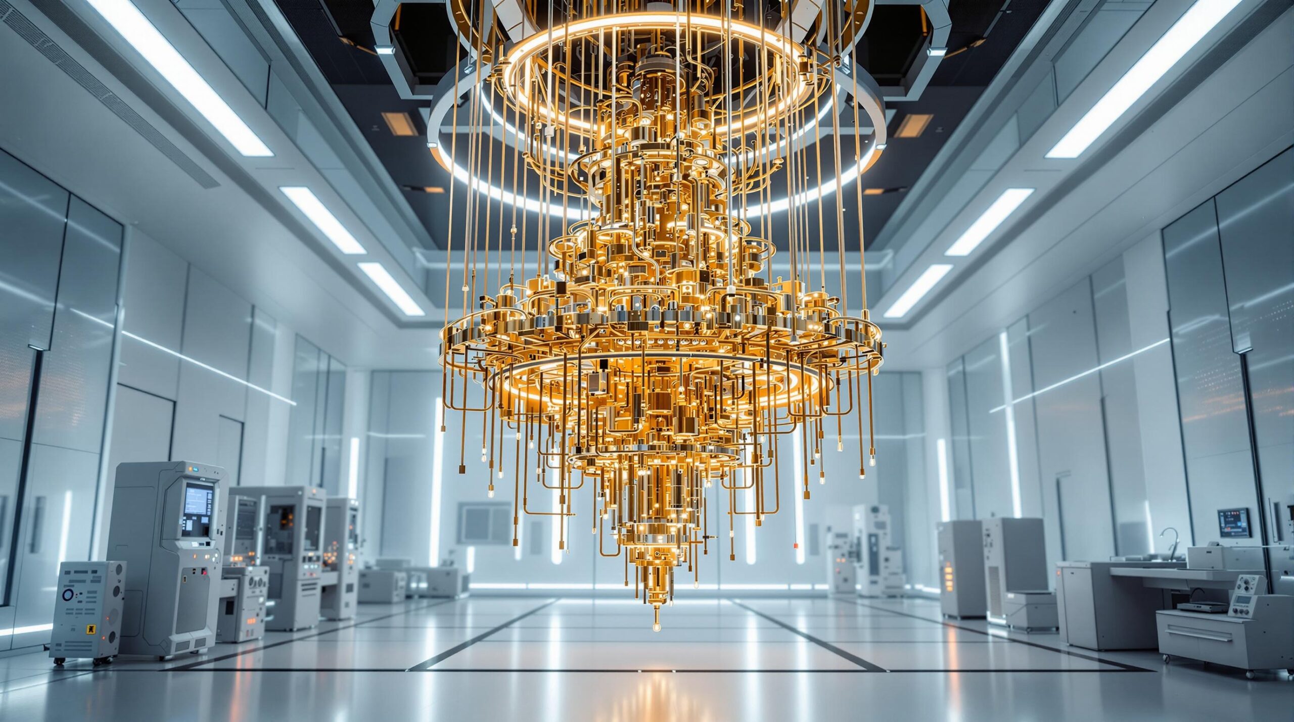 Ein komplexer, goldener Quantencomputer hängt in einem hochmodernen, weißen Laborraum von der Decke.