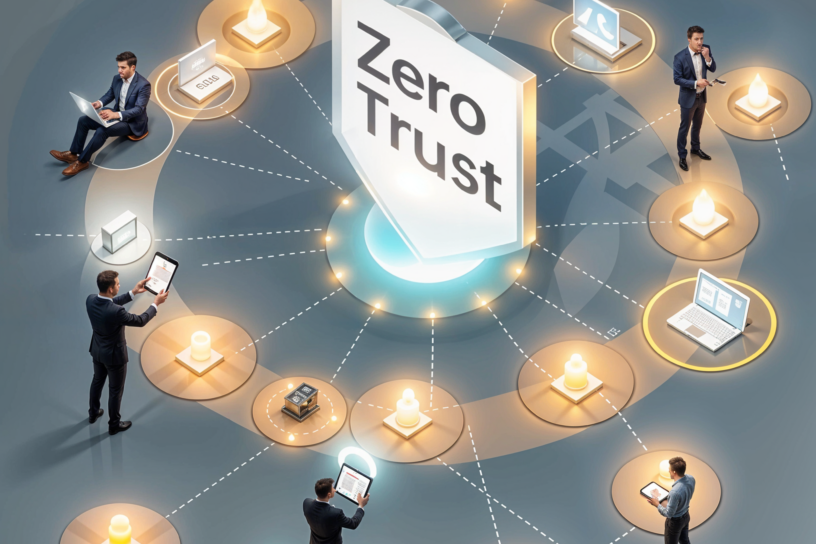 Mehrere Personen und Geräte sind kreisförmig um ein zentrales Schild mit der Aufschrift „Zero Trust“ angeordnet, verbunden durch leuchtende Linien.