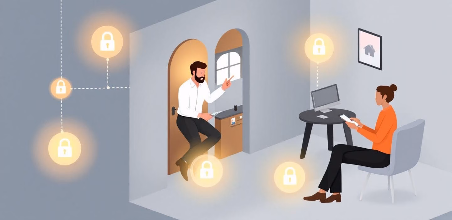 ZeroTrust_Tipps Illustration eines Mannes, der an einer Tür lehnt und mit einer Person am Tisch spricht. Im Raum leuchten mehrere stilisierte Glühbirnen.