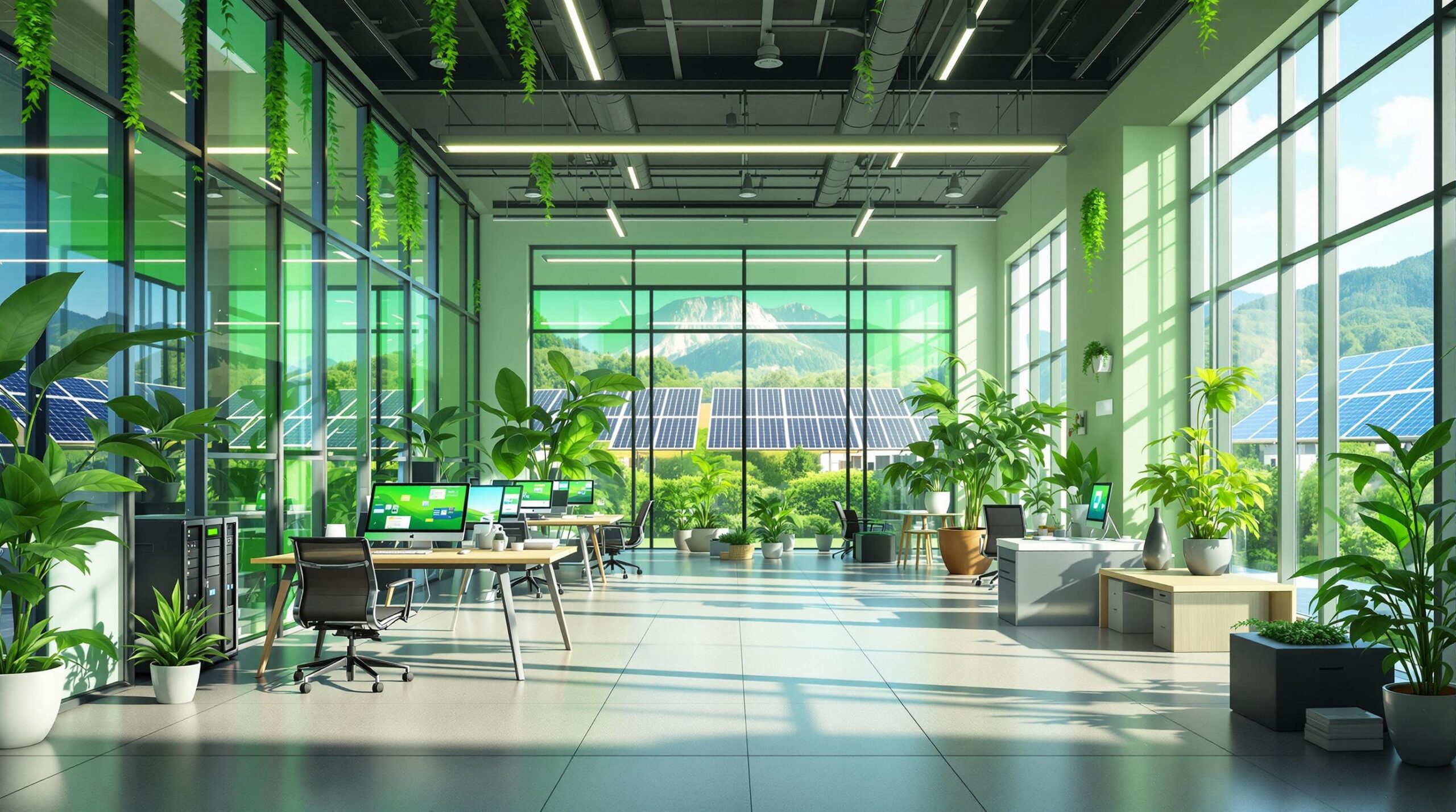 Modernes, lichtdurchflutetes Büro mit vielen grünen Pflanzen und Blick auf eine große Solaranlage vor dem Fenster.