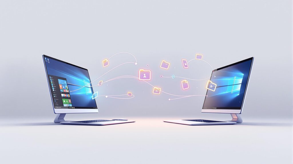 Zwei Desktop-Computer, die sich gegenüberstehen, mit animierten Symbolen von Dateien und Ordnern, die zwischen den Bildschirmen übertragen werden. Auf dem linken Bildschirm ist das Windows-Startmenü geöffnet.