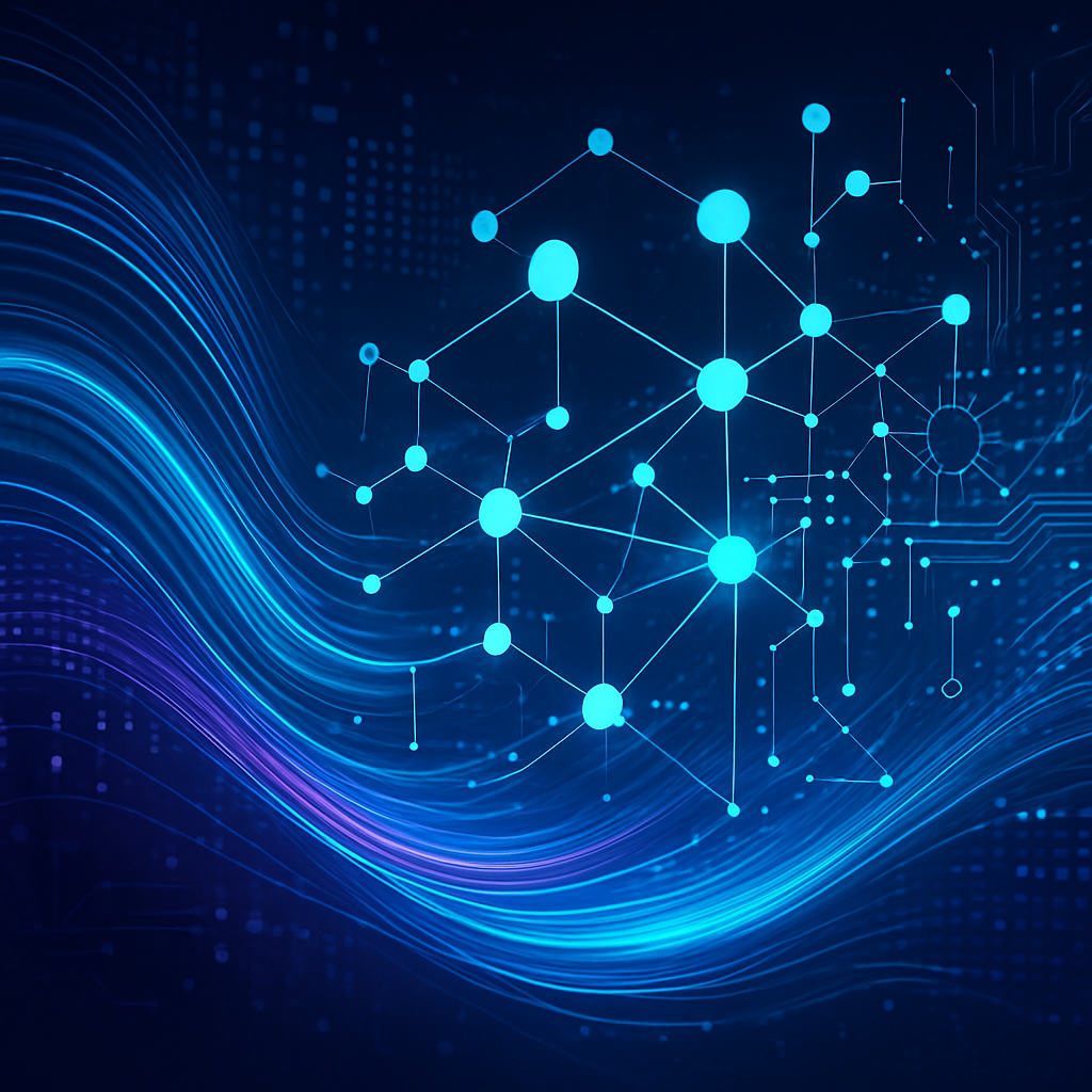 Abstrakte Visualisierung von Datenströmen und Algorithmen im Hintergrund einer KI-Suchmaschine