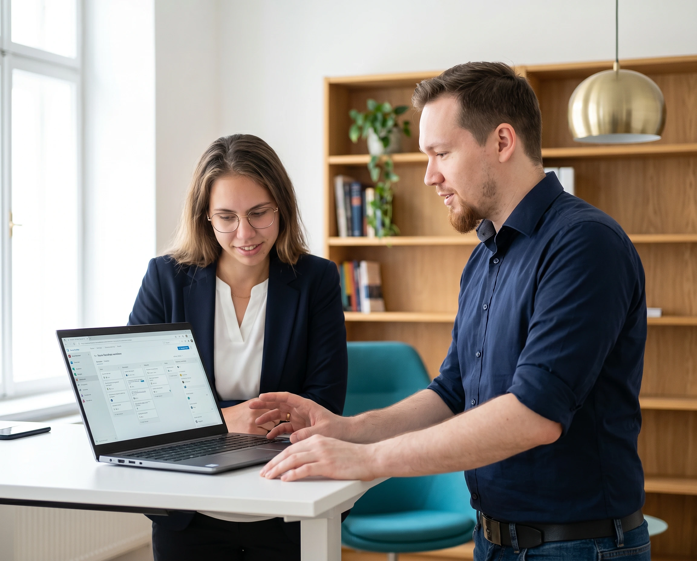 IT-Berater der SKAWINSKI GmbH bespricht Azure DevOps Einführung mit Kundin in österreichischem Unternehmen – Analyse, Workflows und Schulung aus einer Hand