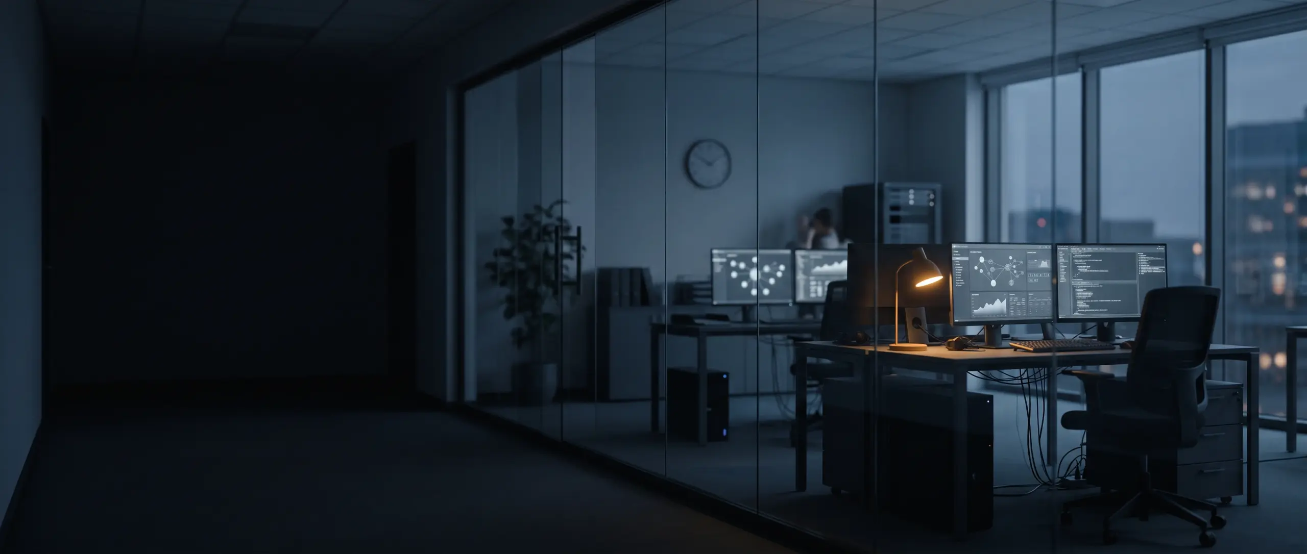 cloud-devops-modernisierung-it-strategie Nachhaltige IT-Modernisierung mit Cloud und DevOps – moderne Arbeitsumgebung mit Monitoring-Dashboards bei Nacht