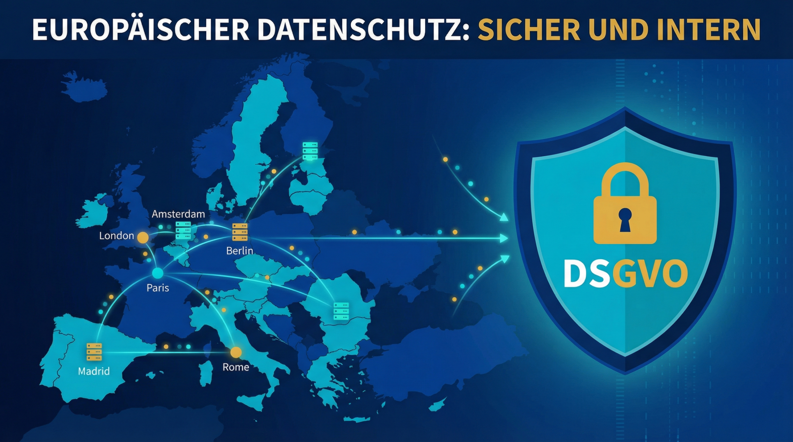 Europäische Cloudplattform mit DSGVO-konformen Rechenzentren in London, Amsterdam, Berlin, Paris, Madrid und Rom – europäischer Datenschutz sicher und intern