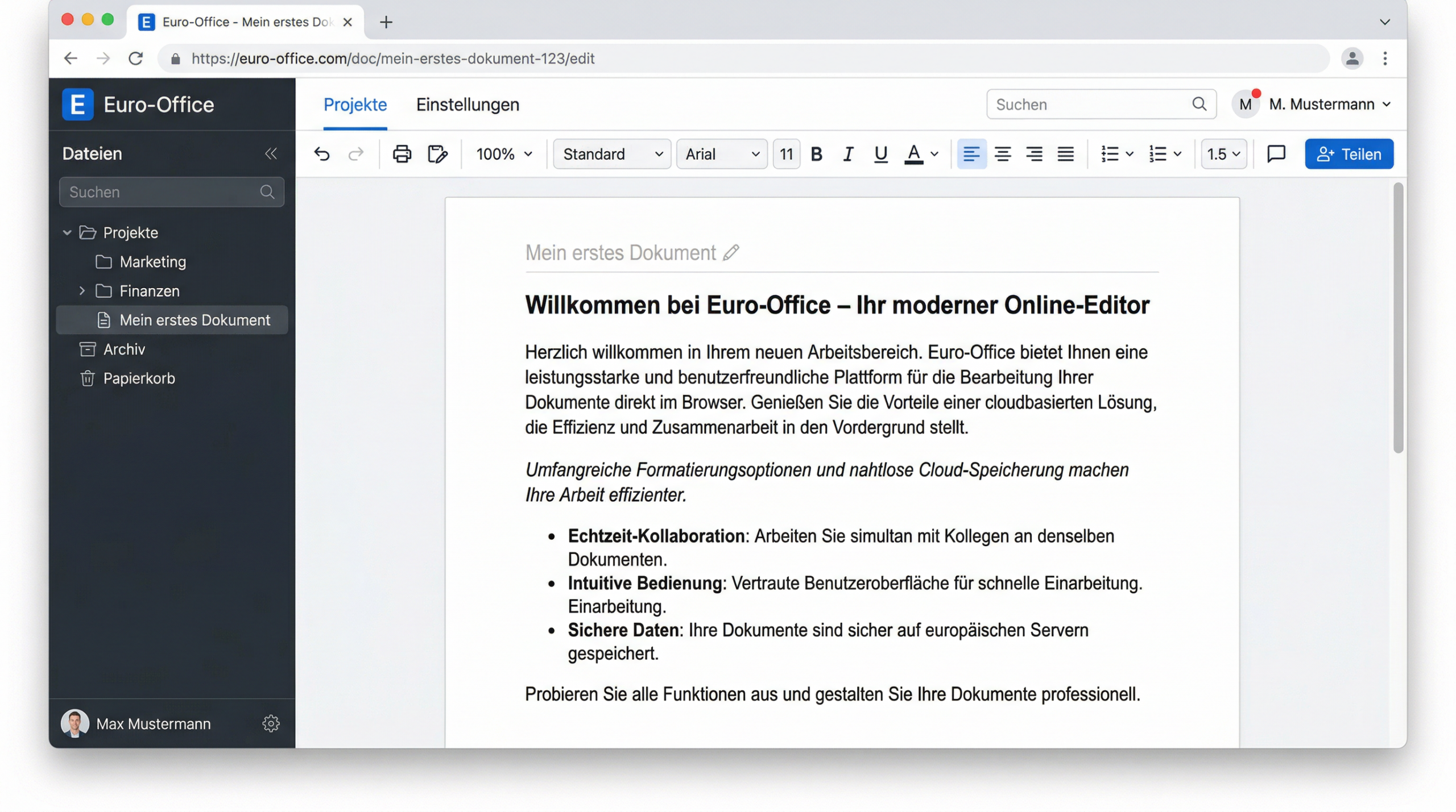 Europäische Cloudplattform Euro-Office – Screenshot des Online-Editors mit Dokumentenverwaltung, Echtzeit-Kollaboration und sicherer Speicherung auf EU-Servern