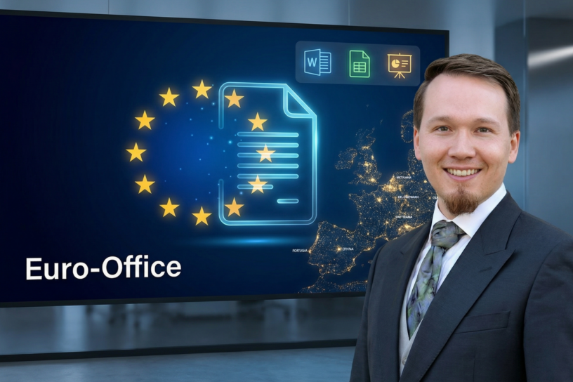 Europäische Cloudplattform Euro-Office – IT-Berater präsentiert DSGVO-konforme Office-Lösung mit Dokumentenmanagement vor Europakarte mit EU-Sternen