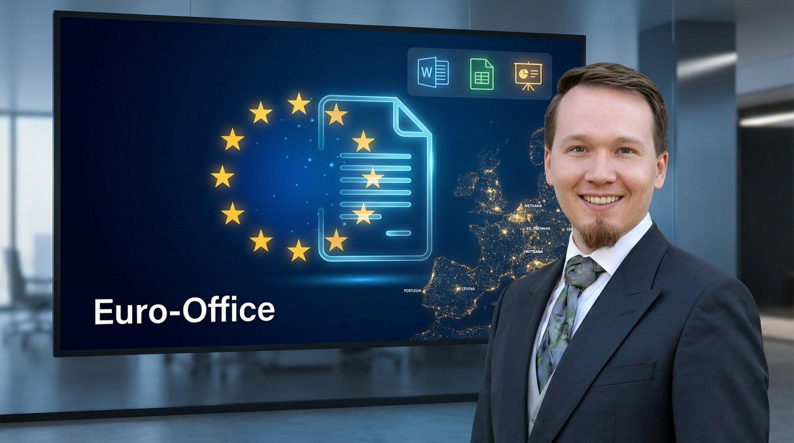 Europäische Cloudplattform Euro-Office – IT-Berater präsentiert DSGVO-konforme Office-Lösung mit Dokumentenmanagement vor Europakarte mit EU-Sternen