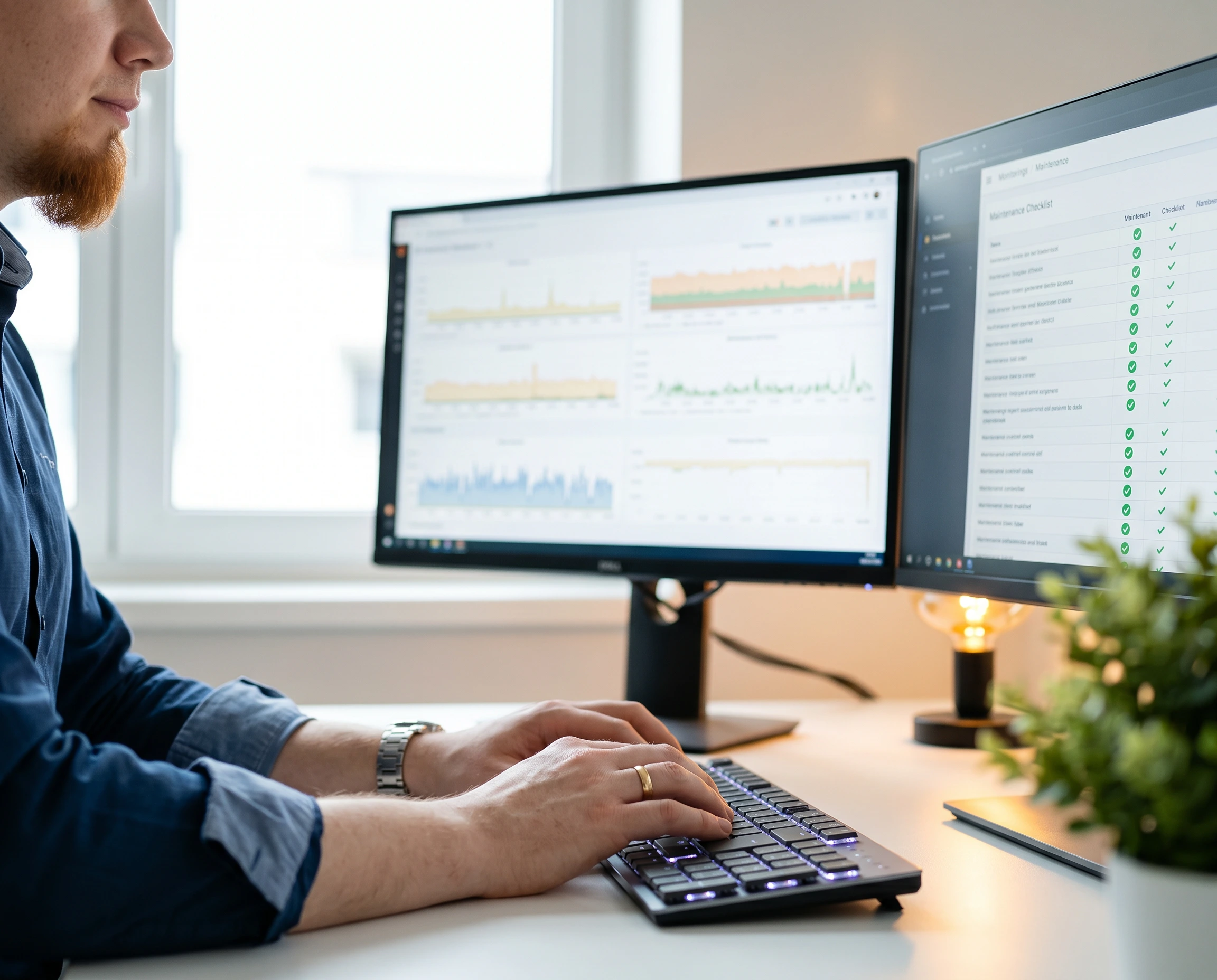 Photorealistic medium-close vertical photograph of professional male hands typing on a low-profile mechanical keyboard in a bright modern Austrian office. Two crisp high-resolution monitors visible in the frame show clean monitoring dashboards: time-series performance graphs, a network topology map, and a structured maintenance checklist with green check marks. Hands belong to a person in a smart business-casual dark blue shirt, sleeves rolled up, a simple steel wristwatch. Soft natural daylight from a large window on the left, warm amber bokeh highlights in tone #e1b04a from a desk lamp, a small indoor plant slightly out of focus on the right. Shot on a Fujifilm X-T5 with a 56mm f/1.4 lens at f/2.0, editorial corporate documentary style, shallow depth of field, sharp focus on the foreground hand and monitor edge. 4:5 vertical aspect ratio, no readable text on screens, no visible logos.