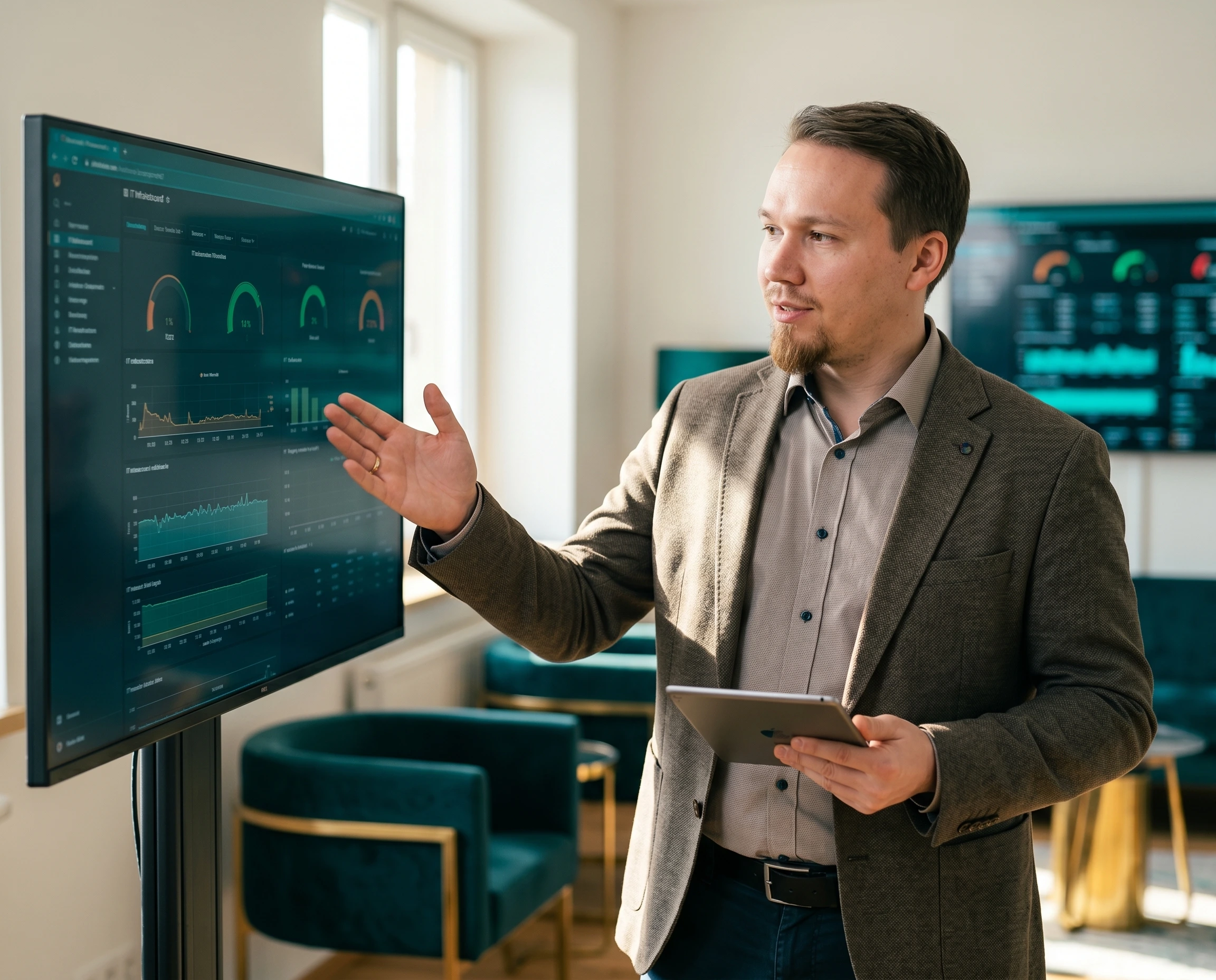 Photorealistic portrait-oriented photograph of a focused, approachable IT consultant (mid-30s to 40s, professional smart-casual attire) in a modern bright office, attentively reviewing infrastructure dashboards on a large monitor and a tablet, gesturing as if explaining a solution. Friendly, competent, trustworthy expression conveying personal accountability and hands-on IT support. Natural soft daylight from a side window mixed with subtle cool-teal screen glow and warm tones, deep teal and gold accents in the environment. Full-frame camera, 50mm lens, shallow depth of field with the consultant sharp and background softly blurred, authentic candid commercial business photography (not stiff stock-photo). Realistic skin texture. No readable text or real brand logos on screens, no illustration, no 3D render. 3:4 portrait orientation.