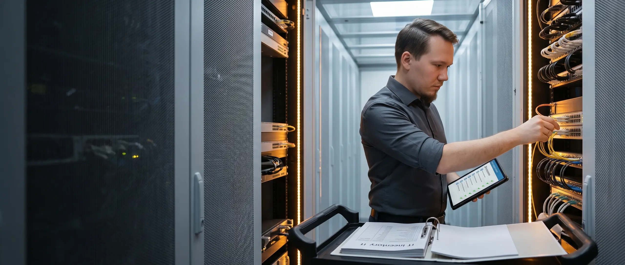Ablauf beim IT-Betreuerwechsel – IT-Techniker bei strukturierter Zugangsübergabe und Dokumentation im Serverraum